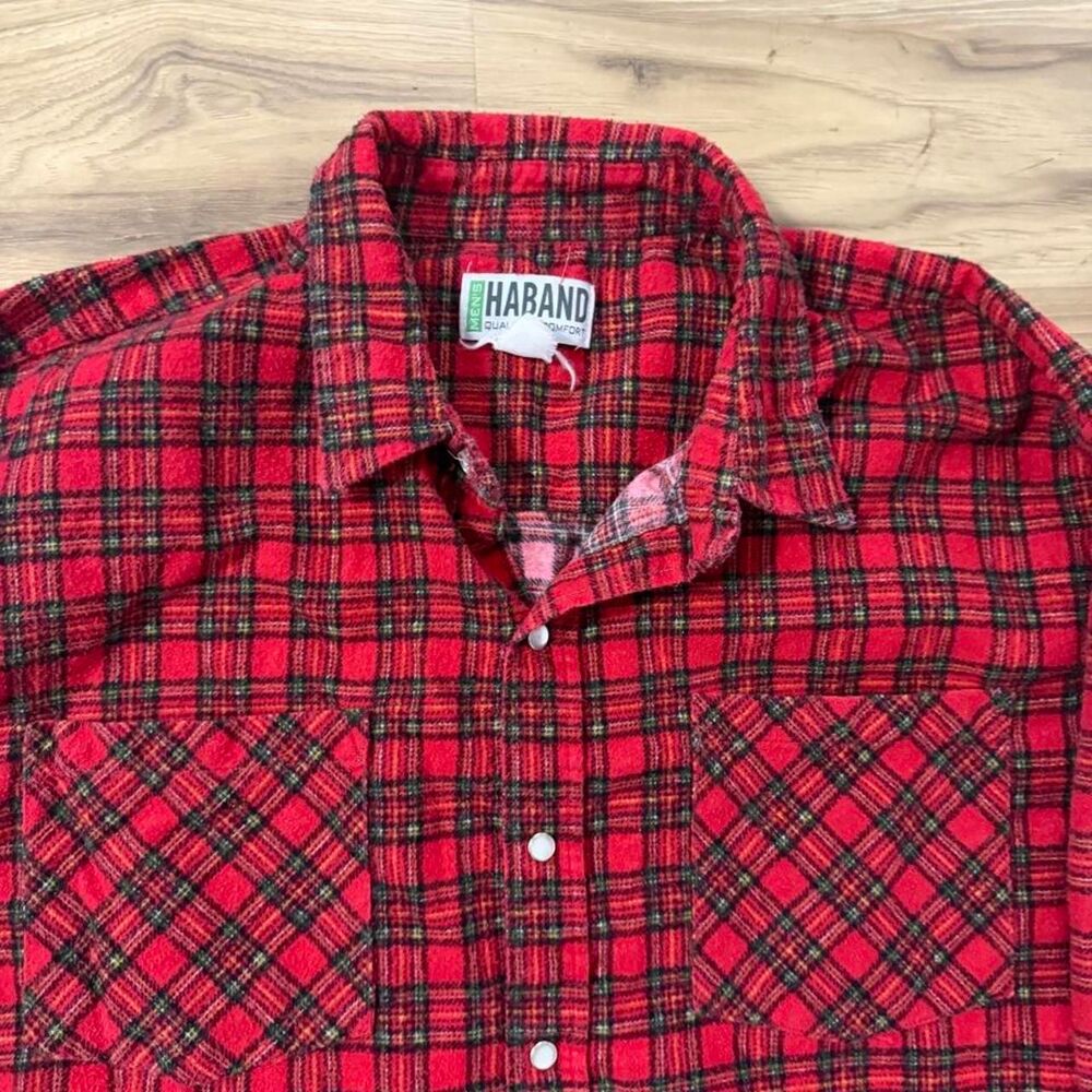 Vintage 90s Pearl Snap Haband Red & Black Plaid Flannel button up size XL